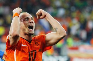 Wesley Sneijder celebrates after the Netherlands' win over Brazil at the 2010 World Cup.