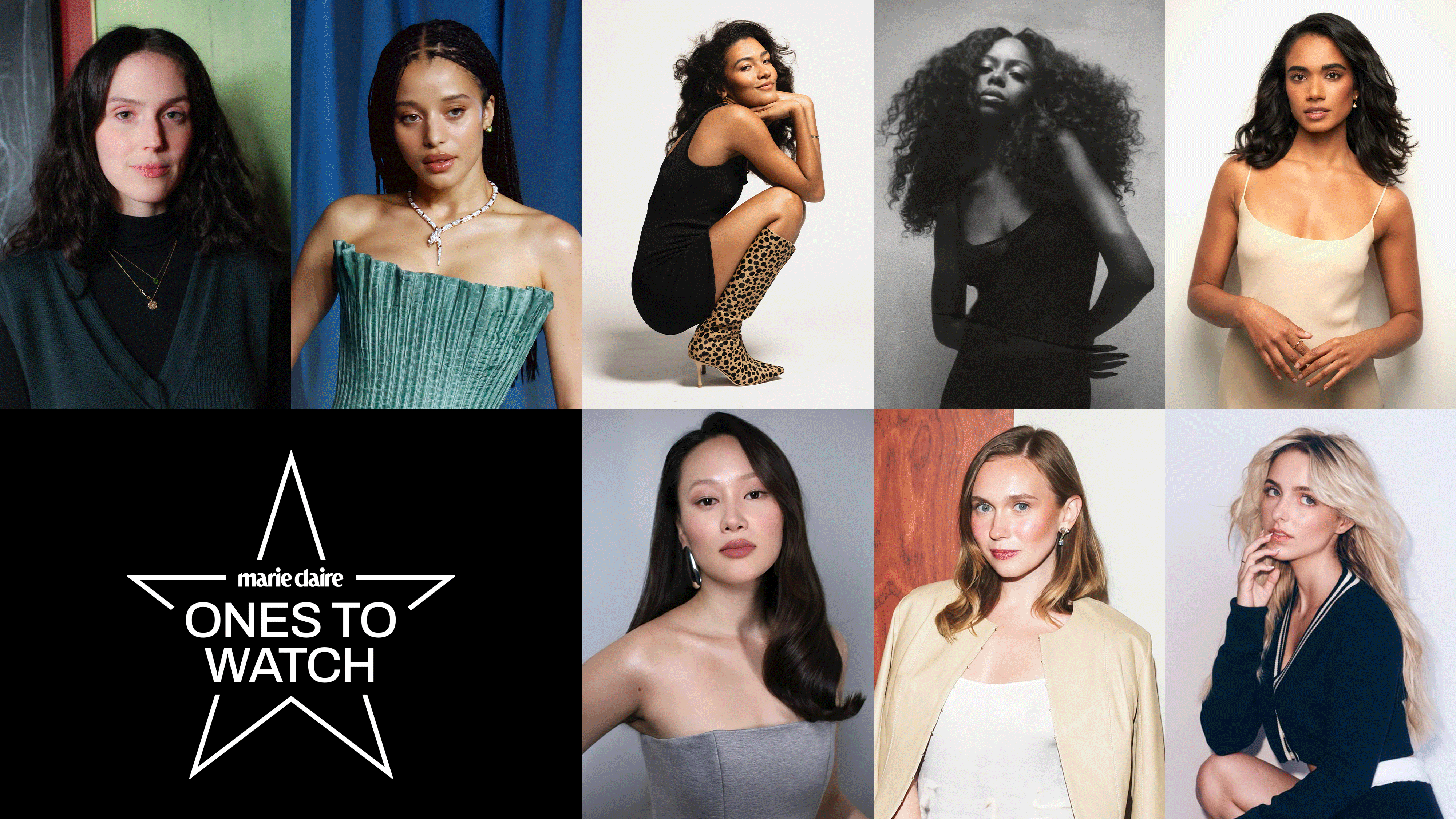 a collage of actresses singers comedians and filmmakers on marie claire&#039;s ones to watch list next to a star that stays ones to watch