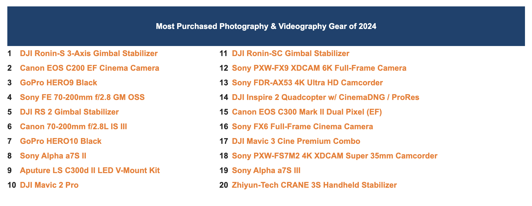 A list of LensRentals most popular used gear purchases for 2024