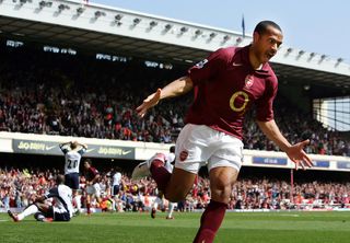 Thierry Henry celebrates after scoring a late equaliser for Arsenal against Tottenham in the last-ever North London derby at Highbury in April 2006.