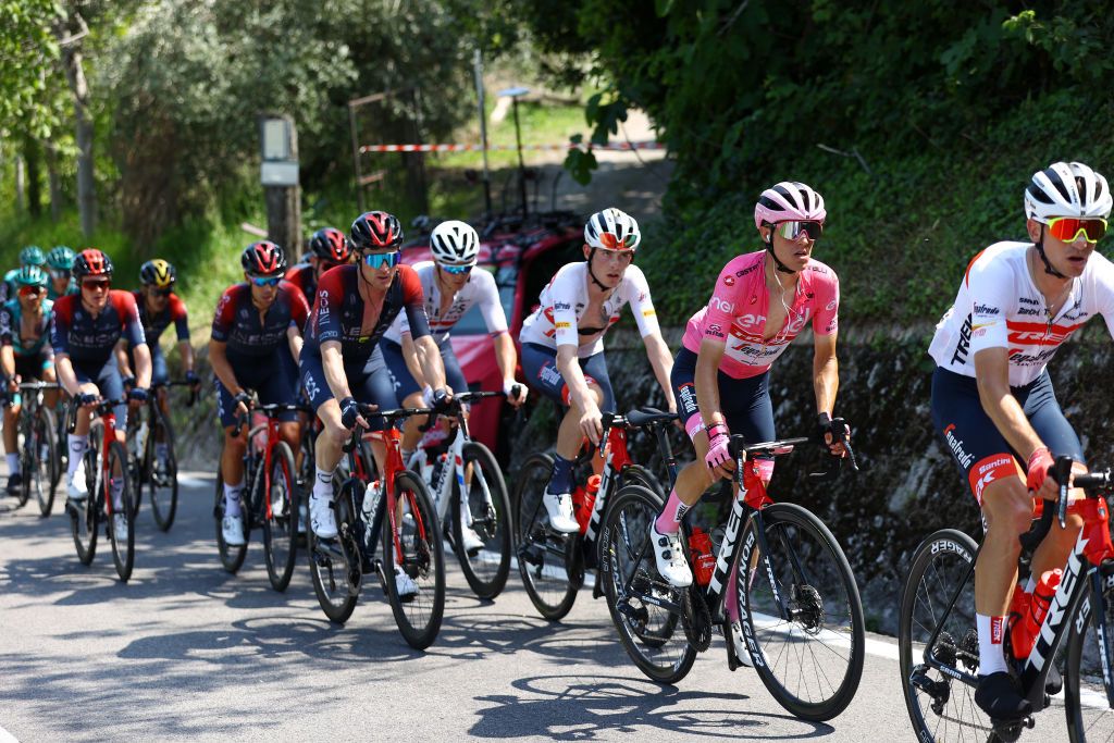 BLOCKHAUS ITALY MAY 15 Juan Pedro Lpez of Spain and Team Trek Segafredo pink leader jersey competes during the 105th Giro dItalia 2022 Stage 9 a 191km stage from Isernia to Blockhaus 1664m Giro WorldTour on May 15 2022 in Blockhaus Italy Photo by Michael SteeleGetty Images