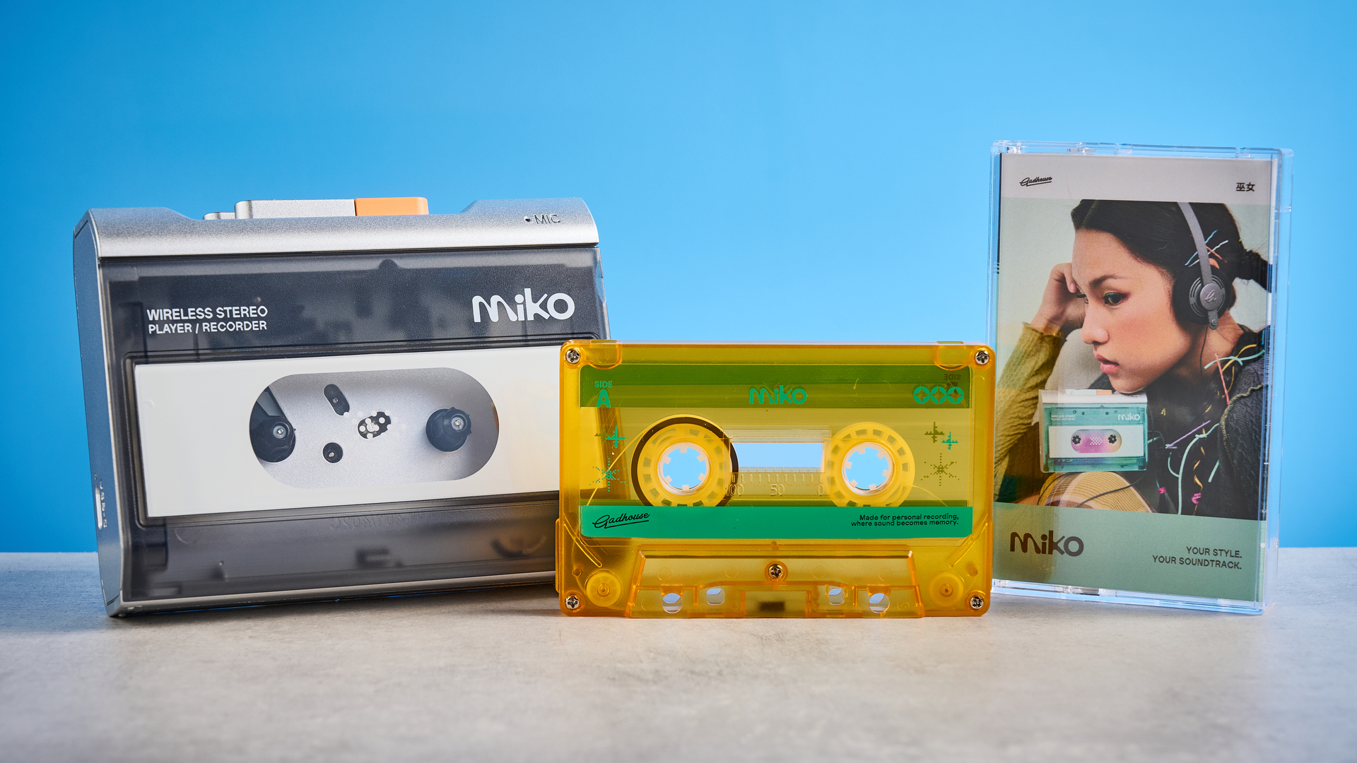 Gadhouse MIKO retro style cassette player photographed in front of a blue background.