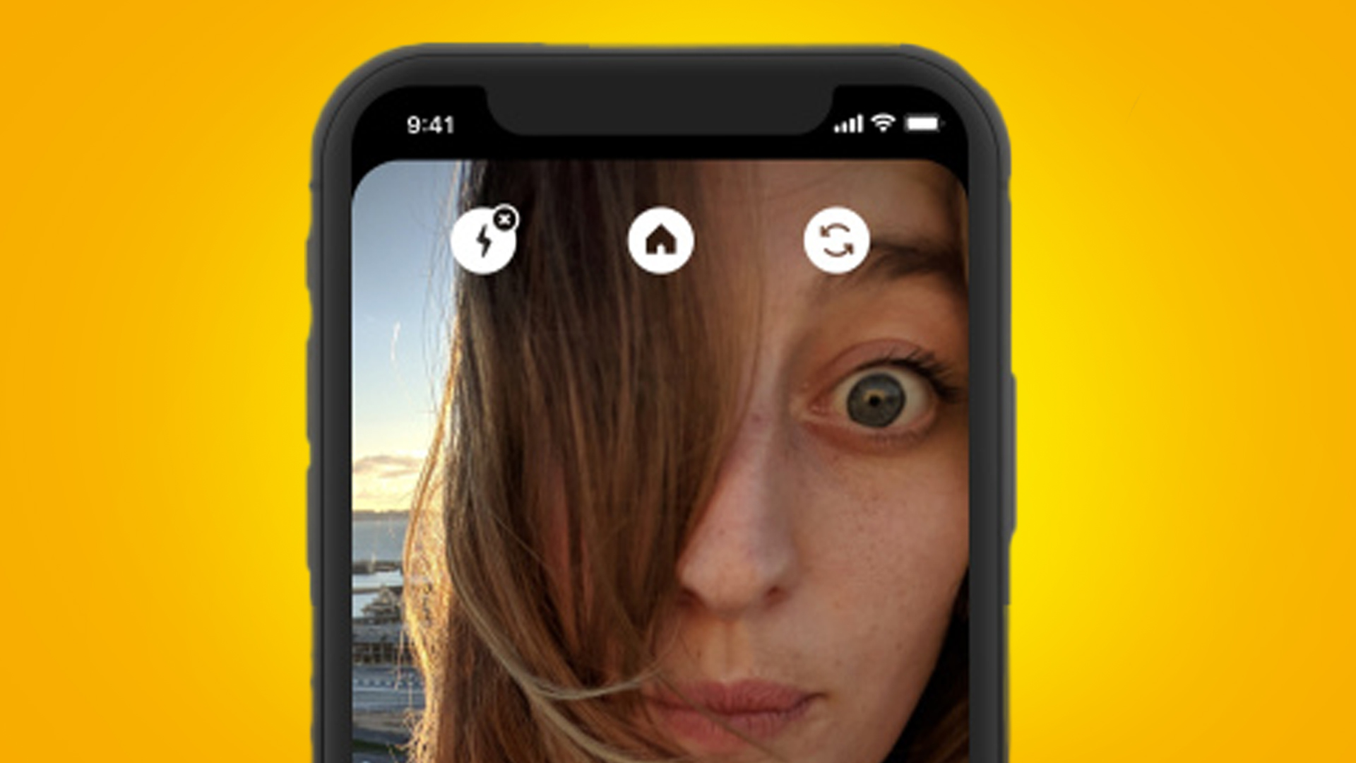 A phone on an orange background showing a woman's face in Facebook's Threads app from 2019