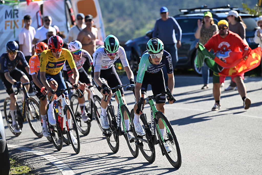 LOULE, PORTUGAL - FEBRUARY 22: (L-R) Oscar Onley of Great Britain and Team INEOS Grenadiers, Juan Ayuso of Spain and Team Lidl - Trek - Yellow leader jersey, Paul Seixas of France and Team Decathlon CMA CGM - White best young jersey and Matthew Riccitello of United States and Team Decathlon CMA CGM compete in the breakaway during the 52nd Volta ao Algarve em Bicicleta 2026, Stage 5 a 148.4km stage from Faro to Malhao - Loule 512m on February 22, 2026 in Loule, Portugal. (Photo by Dario Belingheri/Getty Images)