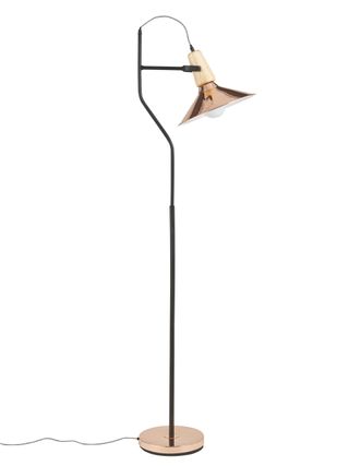 copper and wood floor lamp with white bulb