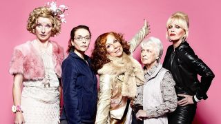 The main cast of Absolutely Fabulous against a pink background, from left to right: Jane Horrocks, Julia Sawalha, Jennifer Saunders, June Whitfield, and Joanna Lumley 