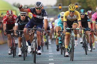 Matteo Pelucchi (IAM Cycling) punches the air after winning the stage