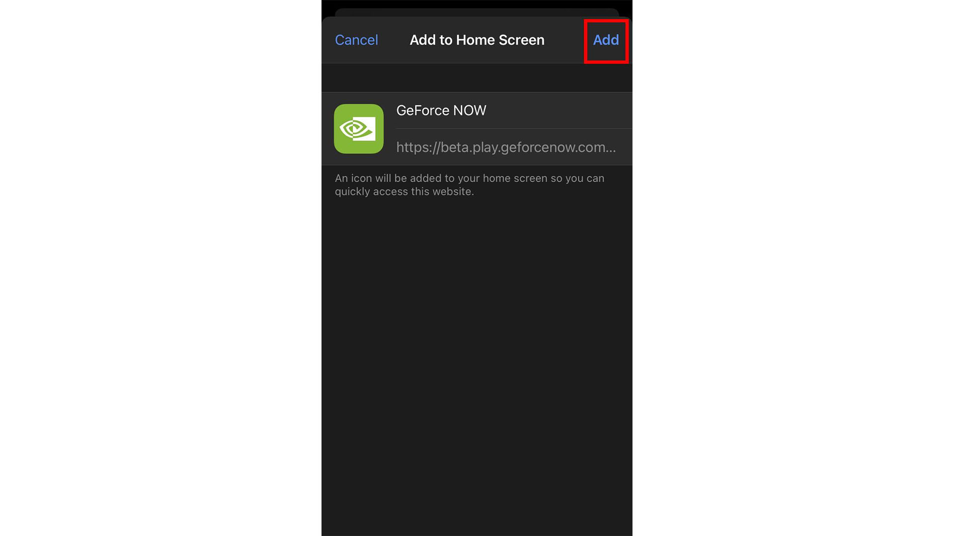 Geforce Now iOS Выберите Добавить