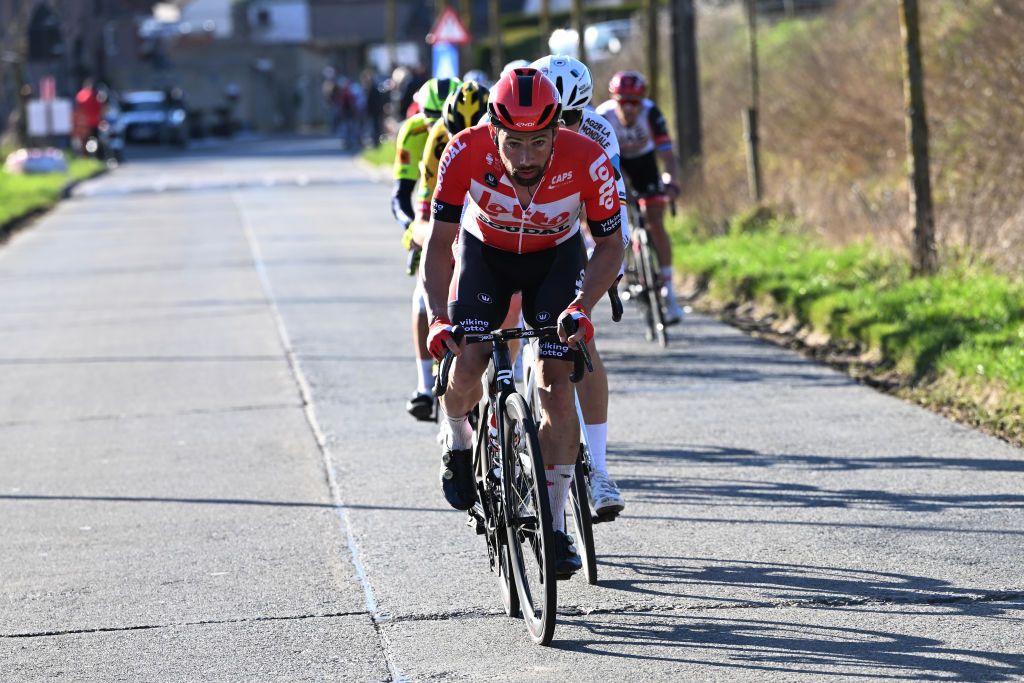 NINOVE, BELGIUM - FEBRUARY 26: Victor Campenaerts of Belgium and Team Lotto Soudal competes during the 77th Omloop Het Nieuwsblad 2022 - Men&#039;s Race a 204,2km race from Ghent to Ninove / #OHN22 / @FlandersClassic / #WorldTour / on February 26, 2022 in Ninove, Belgium. (Photo by Vincent Kalut - Pool/Getty Images)