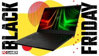 The Razer Blade 14 2025 gaming laptop on a colourful Black Friday deals background, with the PC Gamer logo in the bottom right