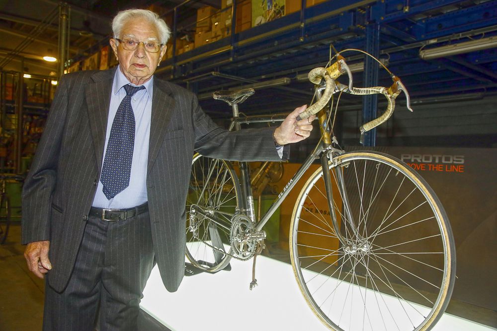 Ugo De Rosa shows off one of the vintage machines in the De Rosa factory