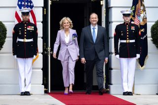 Jill Biden wearing a Theory suit for services commemorating a new Supreme Court justice