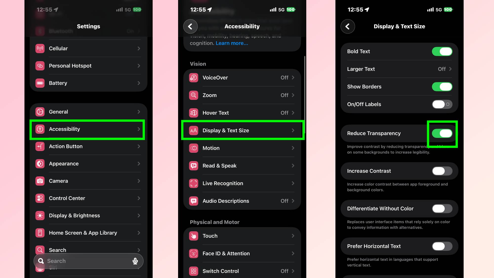 How to toggle on Reduce Transparency on iPhone