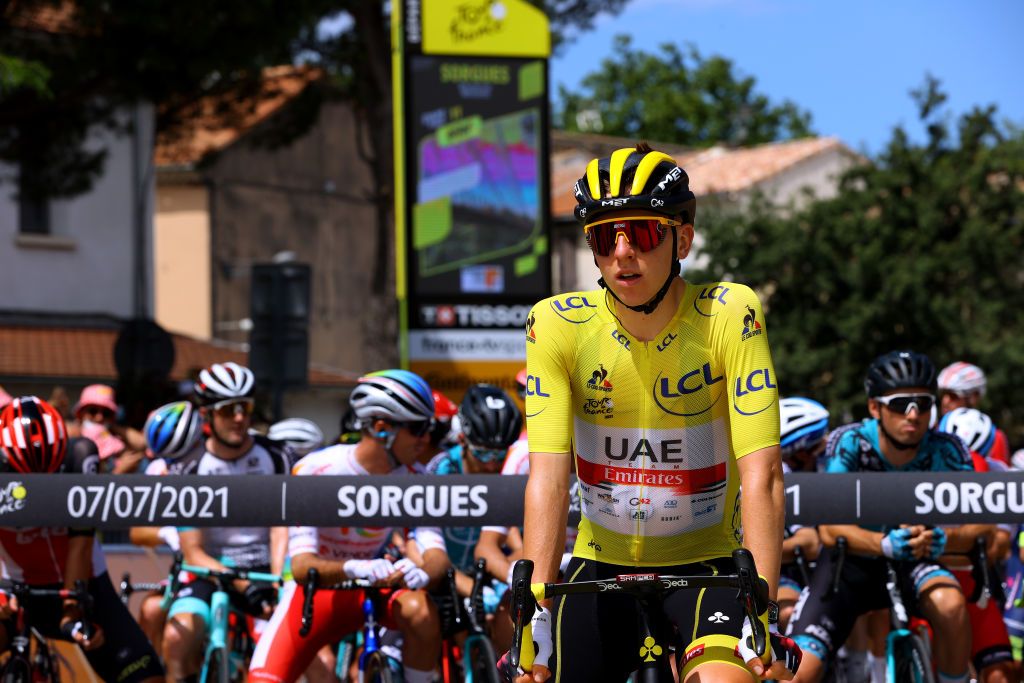 MALAUCENE FRANCE JULY 07 Tadej Pogaar of Slovenia and UAETeam Emirates yellow leader jersey at start during the 108th Tour de France 2021 Stage 11 a 1989km km stage from Sorgues to Malaucne LeTour TDF2021 on July 07 2021 in Malaucene France Photo by Tim de WaeleGetty Images