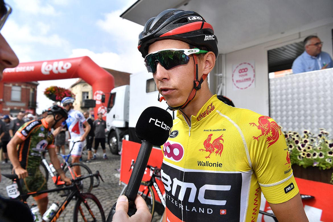 Dylan Teuns talks to the media