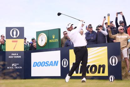 Shane Lowry hits a drive during The Open