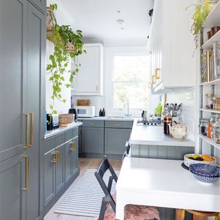 White kitchen with grey painted cabinets, brass handles, wood flooring, trailing plants on open wood shelving