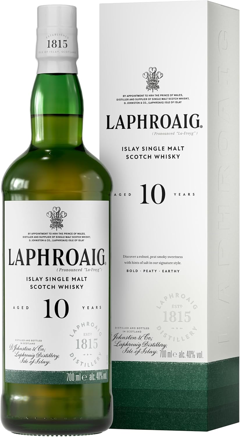 Laphroaig 10 Year Old Scotch | Islay Single Malt Whisky | Peated | Smoky, Salty and Sweet | Double Gold Medal Sf World Spirits Competition 2022 | 40% Abv | 70 Cl