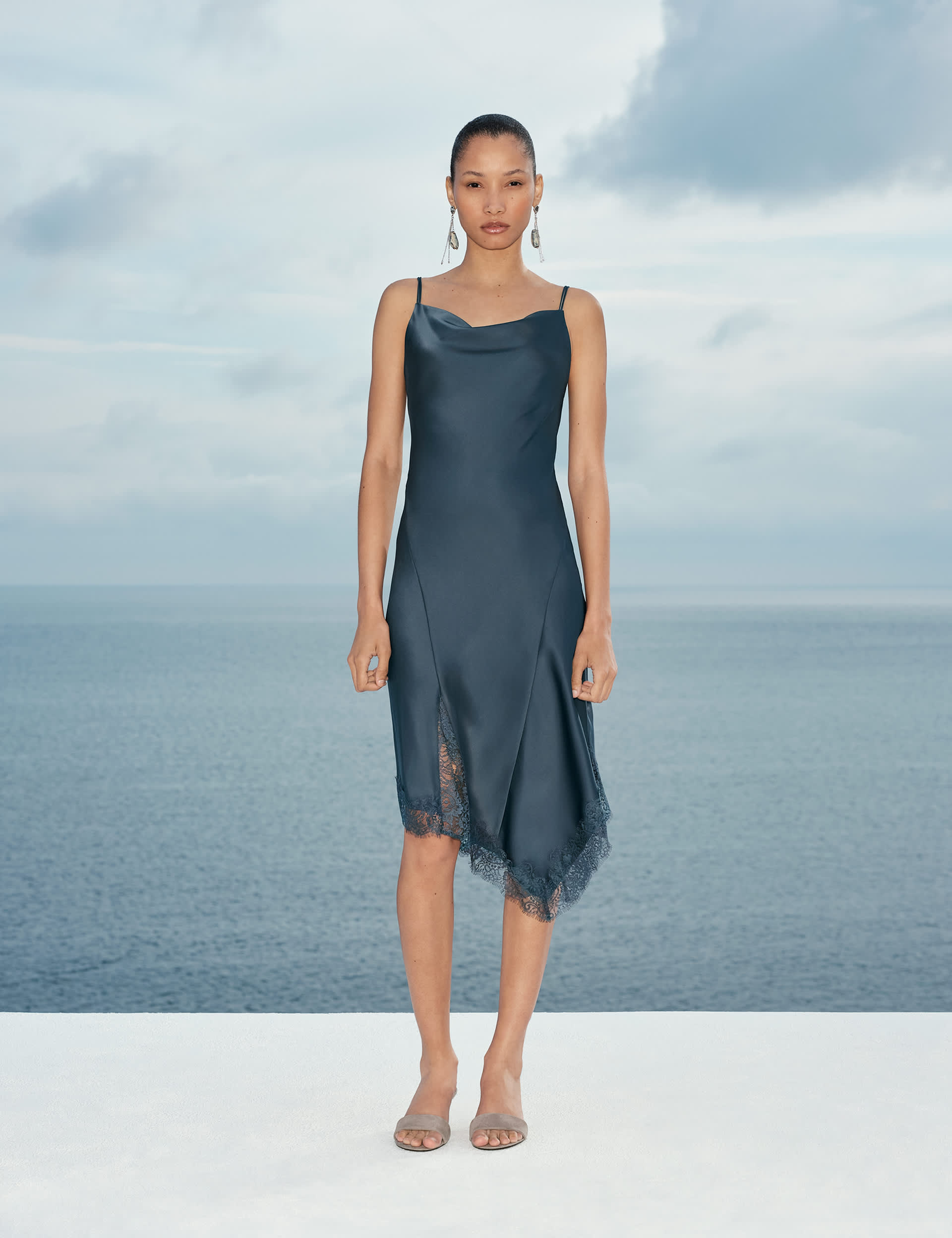Satin Cowl Neck Lace Trim Midi Slip Dress