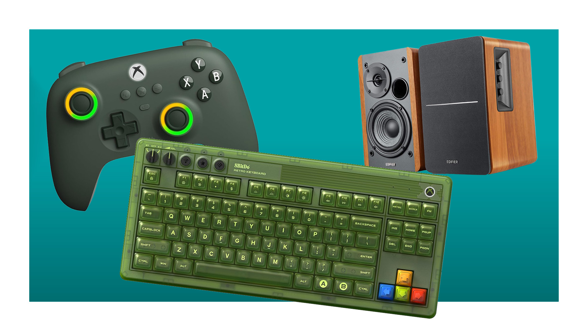 A green 8bitdo mouse and keyboard side by side with Edifier speakers in wood tones.
