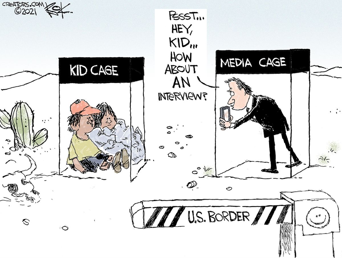 Political Cartoon U.S. mexico border kids in cages media The Week