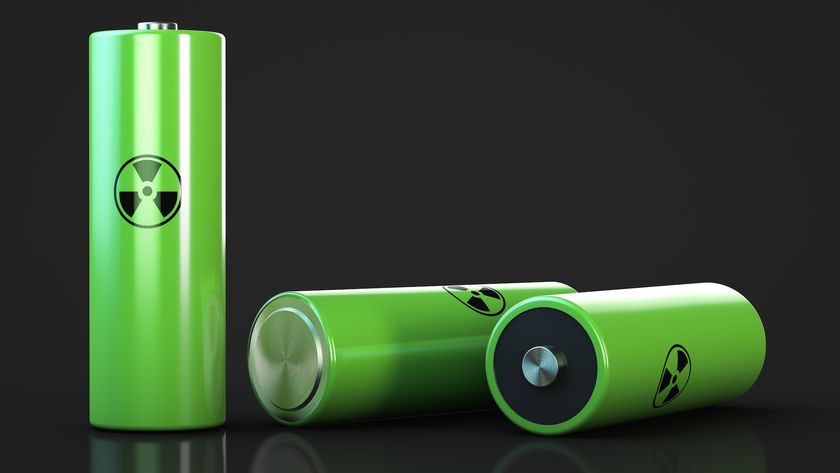 A rendering of batteries with a green color and a radioactive symbol