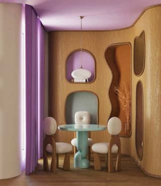 dining space with digital lavender walls and ceiling and modern organic chairs