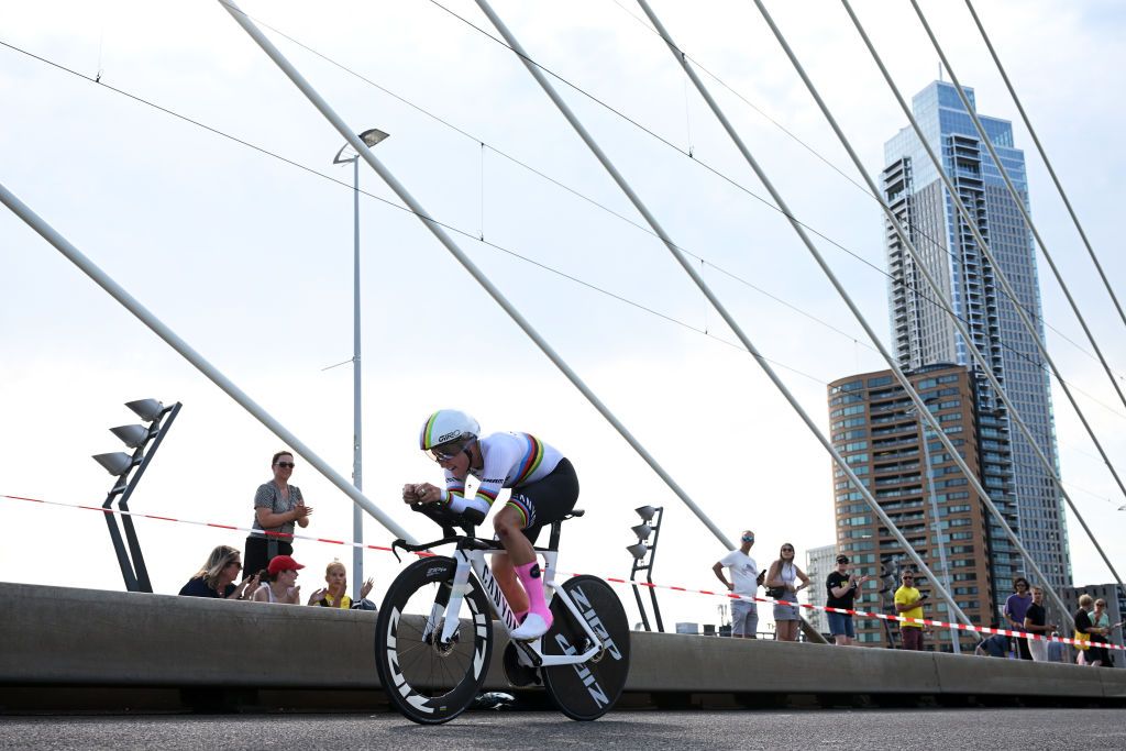 ROTTERDAM NETHERLANDS AUGUST 13 Chloe Dygert of The United States and Team CanyonSRAM Racing sprints during the 3rd Tour de France Femmes 2024 Stage 3 a 679km individual time trial stage from Rotterdam to Rotterdam UCIWWT on August 13 2024 in Rotterdam Netherlands Photo by Dario BelingheriGetty Images
