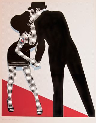red white and black painting titled 'The Kiss' by Gerald Laing