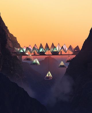 render of architectural concept with pyramid style glass buildings on a bridge inbetween a mountain range landscape