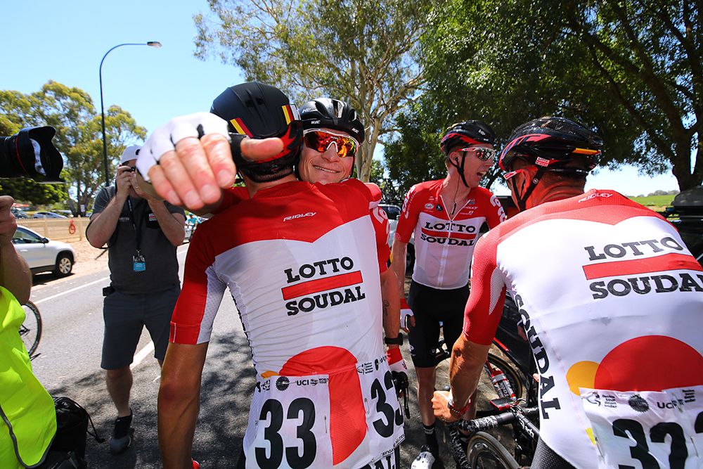 Andre Greipel celebrates his record 17th stage win at the Tour Down Under