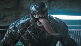 Venom roars at someone off-camera with his tongue hanging out in Venom: The Last Dance, one of October&#039;s new movies