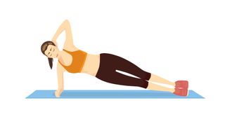 Illustrated woman doing side plank (copenhagen exercise) on yoga mat in activewear