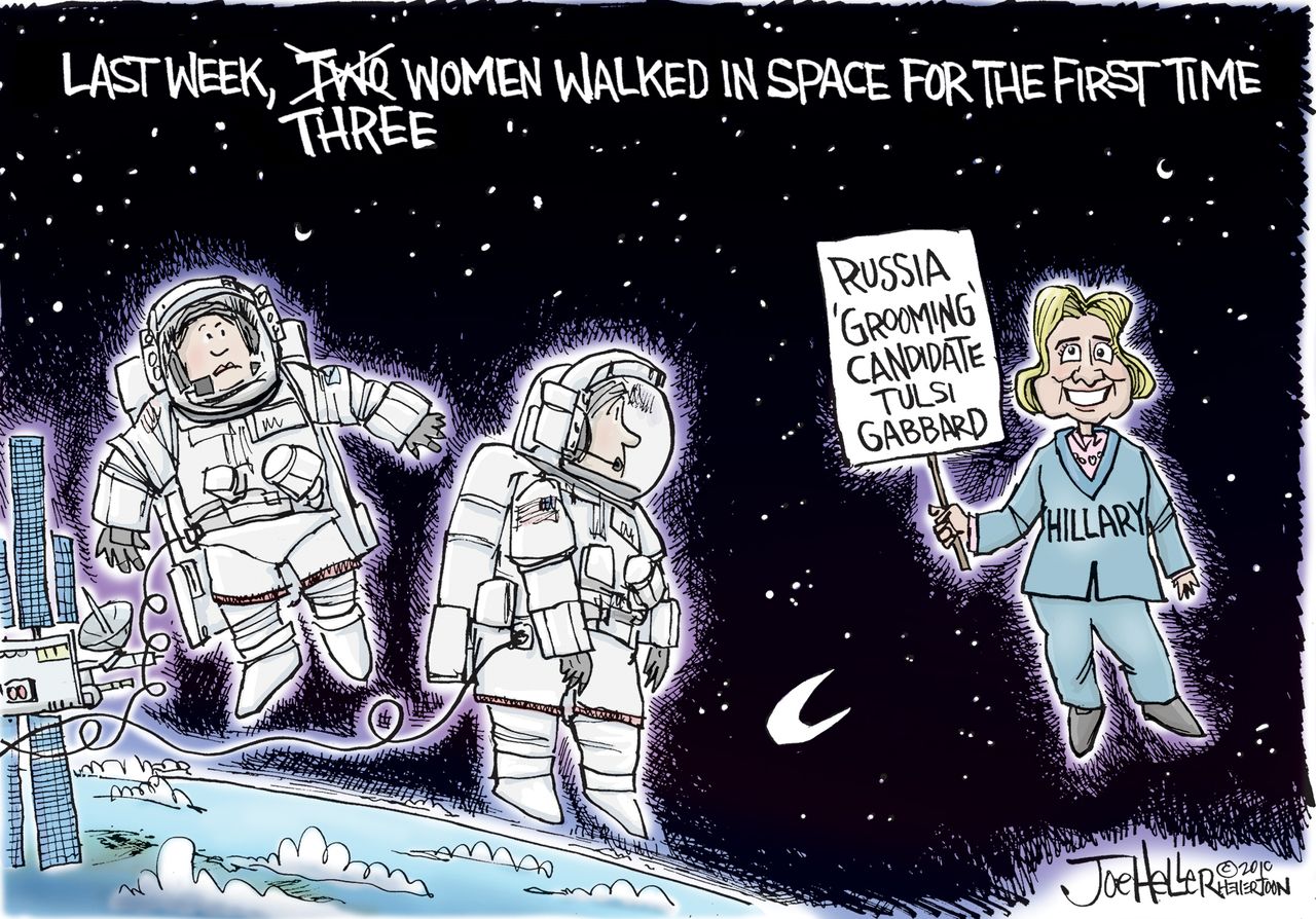 Political Cartoon U.S. Female Spacewalk Correction Hillary Clinton