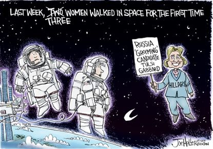 Political Cartoon U.S. Female Spacewalk Correction Hillary Clinton