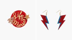 Red brooch with Life on Mars written on it and lightning bolt earrings in red and blue.