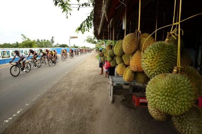 The peloton passes a durian seller