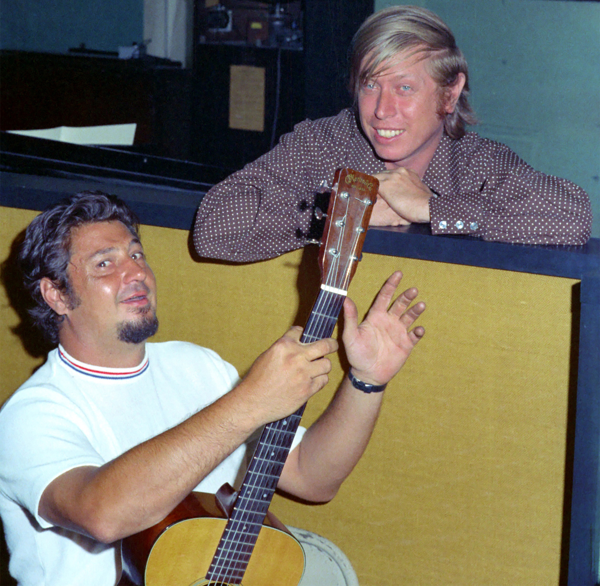 Guitarist Tommy Tedesco and keyboardist Don Randi in the studio circa 1969