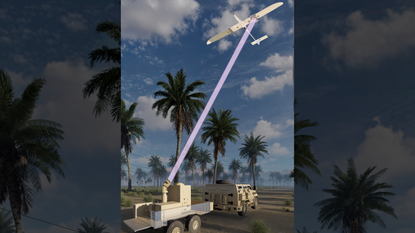 Concept drawing of power beaming from ground-based transmitter to UAS-integrated receiver.