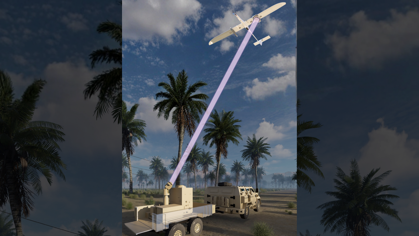 Concept drawing of power beaming from ground-based transmitter to UAS-integrated receiver.