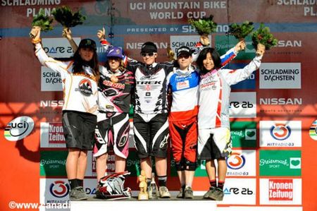 The elite women's podium (l-r): Sabrina Jonnier, Floriane Pugin, Tracy Moseley, Céline Gros, Mio Suemasa.
