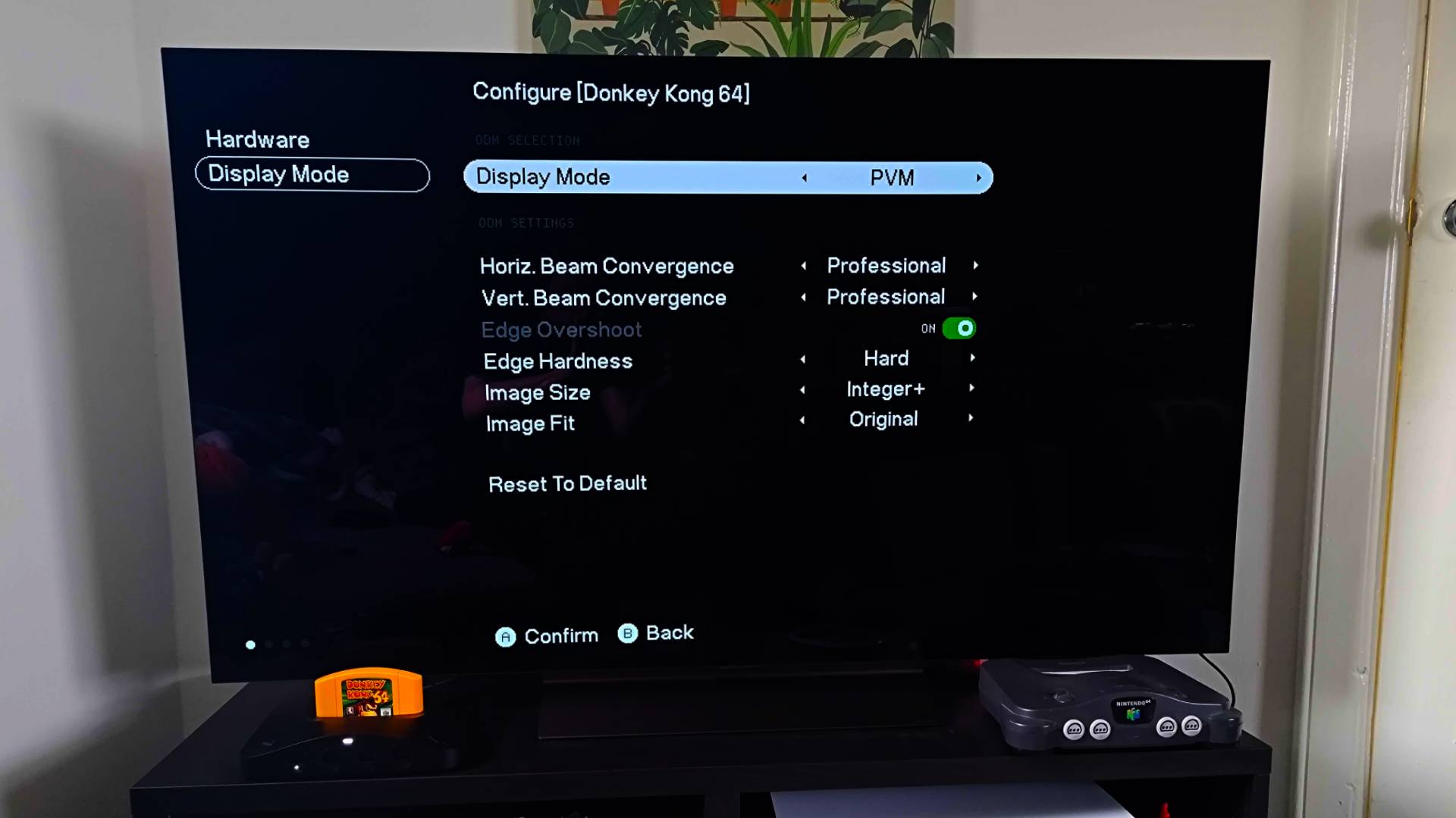 Analogue 3D connected to LG OLED C4 TV with hardware display mode menu displayed.