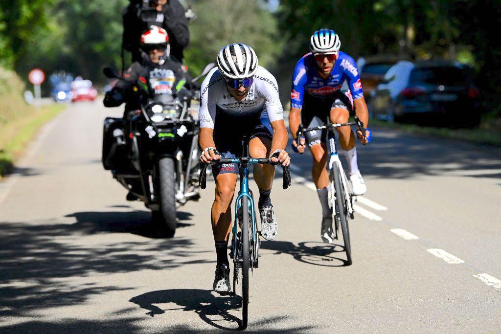 LES PRAERES-NAVA, SPAIN - AUGUST 28: Samuele Battistella of Italy and Team Astana &acirc; Qazaqstan and Jimmy Janssens of Belgium and Team Alpecin-Deceuninck attack in the breakaway during the 77th Tour of Spain 2022, Stage 9 a 171,4km stage from Villaviciosa to Les Praeres. Nava 743m / #LaVuelta22 / #WorldTour / on August 28, 2022 in Les Praeres. Nava, Spain. (Photo by Tim de Waele/Getty Images)