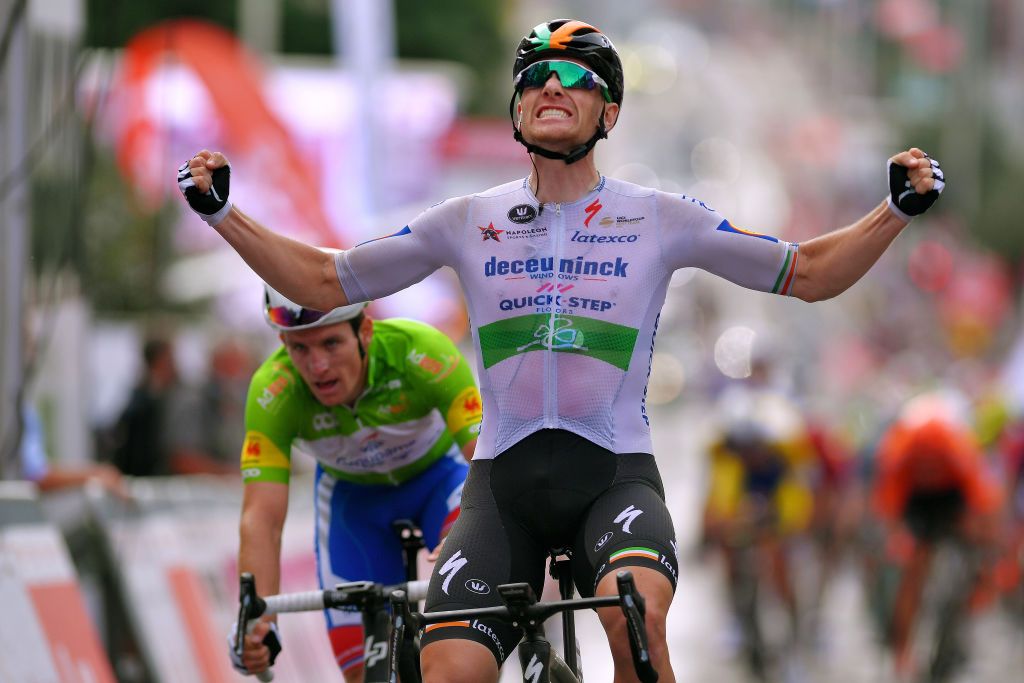 VISE BELGIUM AUGUST 18 Arrival Sam Bennett of Ireland and Team Deceuninck QuickStep Celebration Arnaud Demare of France and Team Groupama FDJ Green Points Jersey during the 41st Tour de Wallonie 2020 Stage 3 a 192km stage from Montzen to Vise TourdeWallonie TRW2020 on August 18 2020 in Vise Belgium Photo by Luc ClaessenGetty Images