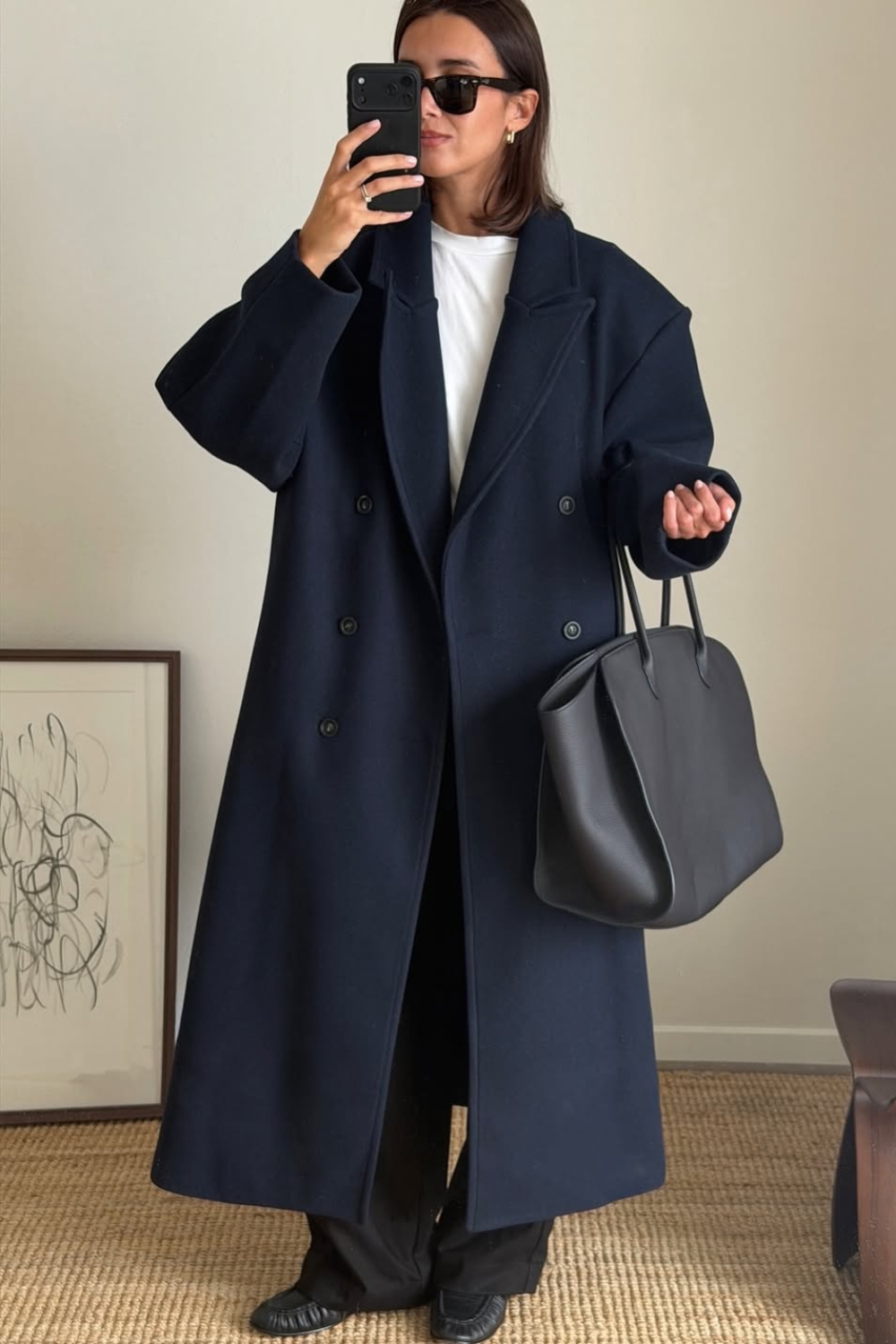 @lisonseb wears black silk trouser navy coat