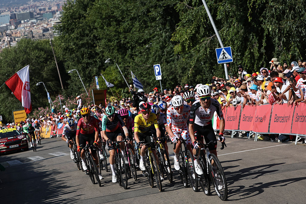 Team Visma | Lease a Bike's Danish rider Jonas Vingegaard wearing the overall leader's yellow jersey and UAE Team Emirates - XRG's Slovenian rider Tadej Pogacar wearing the climber's dotted jersey