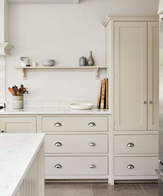 white kitchen cabinets with white marble worktop and white walls