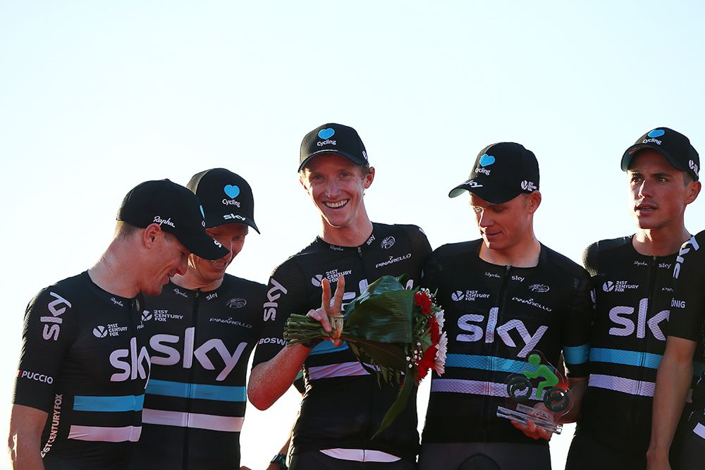 Team Sky riders celebrate on the Vuelta's stage 1 podium.