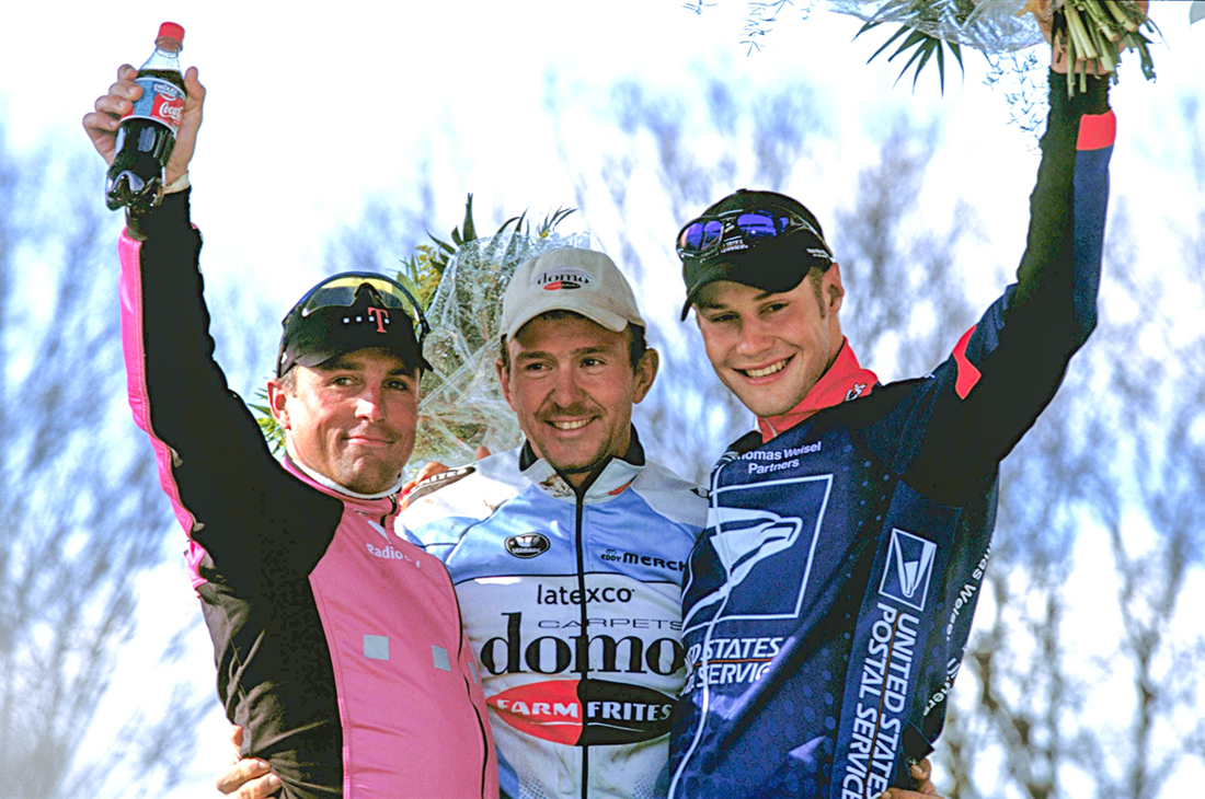 Johan Museeuw, Stefan Wesemann, and Tom Boonen on the podium of the 2002 Paris-Roubaix