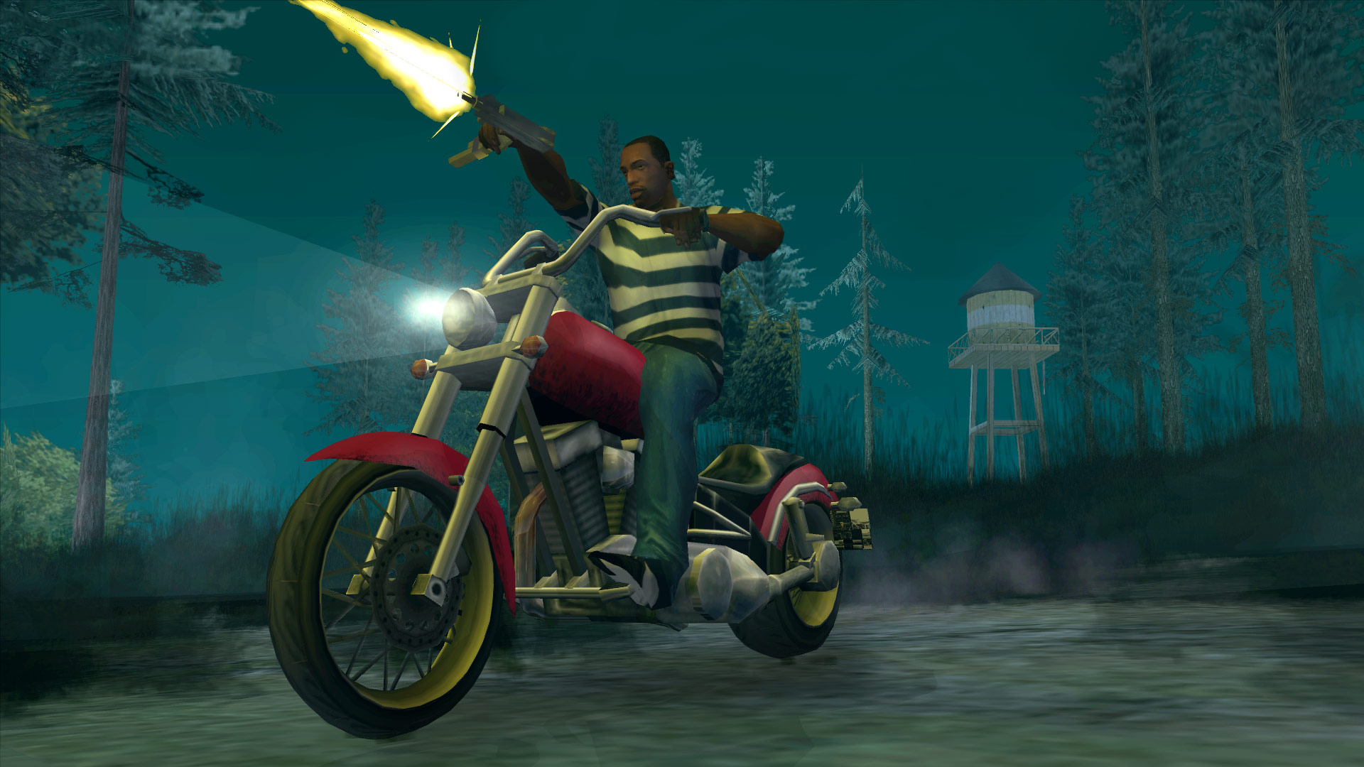 CJ firing a gun while riding a motorcycle